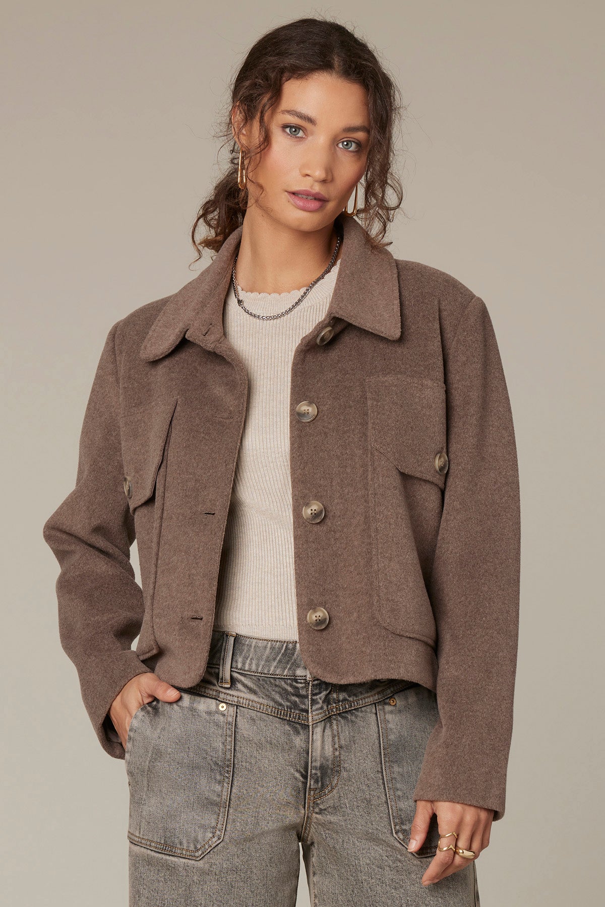 Long Sleeve Button Front Cropped Jacket