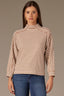 Camel Off White Stripe Three Quarter Dolman Sleeve Mock Neck Stripe Print Hi-Low Hem Knit Top