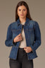 Blue Denim Long Puff Sleeve Collar Neck Snap Front Breast Pocket Peplum Hem Jacket