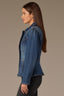 Blue Denim Long Puff Sleeve Collar Neck Snap Front Breast Pocket Peplum Hem Jacket