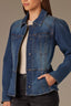 Blue Denim Long Puff Sleeve Collar Neck Snap Front Breast Pocket Peplum Hem Jacket