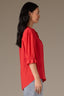 Poppy Red Puff Elbow Scallop Sleeve Ruffle Stand Collar Neck Button Down Crochet Placket Pleated Yoke Woven Top 