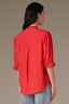 Poppy Red Puff Elbow Scallop Sleeve Ruffle Stand Collar Neck Button Down Crochet Placket Pleated Yoke Woven Top 