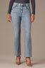 Light Blue Artisanal Denim Contour Shape Technology Skyrise Rhinestone Raw Hem Strings V-Yoke Bennet Barely Boot Jean