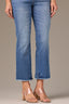 Mid Blue Artisanal Denim High Rise Tatum Cropped Reverse Finish Fray Hem Contour Shape Technology Itty Bitty Flare Jean 