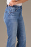 Mid Blue Artisanal Denim High Rise Tatum Cropped Reverse Finish Fray Hem Contour Shape Technology Itty Bitty Flare Jean 