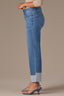 Mid Blue Denim High Rise Reverse Self Panel Fixed Cuff Round Up Back Yoke Contour Shape Technology Boyfriend Petite Jean