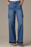 Mid Blue Denim Skyrise Contour Shape Technology Cargo Pocket Wide Leg Uneven Yoke Released Fray Hem Jean