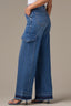 Mid Blue Denim Skyrise Contour Shape Technology Cargo Pocket Wide Leg Uneven Yoke Released Fray Hem Jean