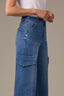 Mid Blue Denim Skyrise Contour Shape Technology Cargo Pocket Wide Leg Uneven Yoke Released Fray Hem Jean