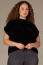 Black Extended Short Sleeve Shirred Shoulder Back Yoke Smock High Round Neck Woven Velvet Plus Size Top