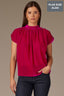 Raspberry Rose Extended Short Sleeve Shirred Shoulder Back Yoke Smock High Round Neck Woven Velvet Plus Size Top