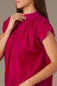 Raspberry Rose Extended Short Sleeve Shirred Shoulder Back Yoke Smock High Round Neck Woven Velvet Plus Size Top