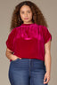 Raspberry Rose Extended Short Sleeve Shirred Shoulder Back Yoke Smock High Round Neck Woven Velvet Plus Size Top