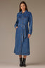 Mid Blue Denim Long Sleeve Button Down Collared Neck Self Tie Waist Denim Dress