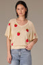 Pale Oak Short Batwing Sleeve V-Neck Placement Strawberry Print Jacquard Knit Top