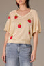 Pale Oak Short Batwing Sleeve V-Neck Placement Strawberry Print Jacquard Knit Top