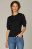 Black Short Pleated Blouson Sleeve Round Scallop Neck Diamond Knit Sweater Top 