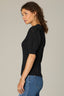 Black Short Pleated Blouson Sleeve Round Scallop Neck Diamond Knit Sweater Top 