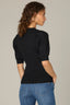 Black Short Pleated Blouson Sleeve Round Scallop Neck Diamond Knit Sweater Top 