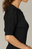 Black Short Pleated Blouson Sleeve Round Scallop Neck Diamond Knit Sweater Top 