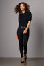 Black Short Pleated Blouson Sleeve Round Scallop Neck Diamond Knit Sweater Top 