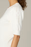 Off White Short Pleated Blouson Sleeve Round Scallop Neck Diamond Knit Sweater Top 