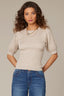 Stone Short Pleated Blouson Sleeve Round Scallop Neck Diamond Knit Sweater Top 