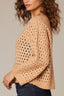 Heather Sahara Sand Long Sleeve Drop Shoulder Open Work Round Neck Sweater Top