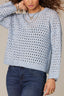 Heather Light Blue Long Sleeve Drop Shoulder Open Work Round Neck Sweater Top