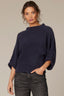 Blue Charcoal Three Quarter Dolman Blouson Sleeve Pleated Funnel Neck Banded Hem Sweater Top