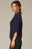 Blue Charcoal Three Quarter Dolman Blouson Sleeve Pleated Funnel Neck Banded Hem Sweater Top