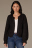 Black Long Blouson Cuff Sleeve Open Front Patch Pocket Open Work Round Collarless Neck Scallop Hem Sweater Cardigan