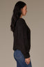 Black Long Blouson Cuff Sleeve Open Front Patch Pocket Open Work Round Collarless Neck Scallop Hem Sweater Cardigan