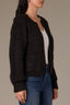 Black Long Blouson Cuff Sleeve Open Front Patch Pocket Open Work Round Collarless Neck Scallop Hem Sweater Cardigan