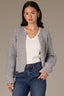 Heather Grey Long Blouson Cuff Sleeve Open Front Patch Pocket Open Work Round Collarless Neck Scallop Hem Sweater Cardigan