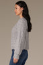 Heather Grey Long Blouson Cuff Sleeve Open Front Patch Pocket Open Work Round Collarless Neck Scallop Hem Sweater Cardigan