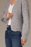 Heather Grey Long Blouson Cuff Sleeve Open Front Patch Pocket Open Work Round Collarless Neck Scallop Hem Sweater Cardigan