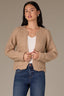 Oatmeal Long Blouson Cuff Sleeve Open Front Patch Pocket Open Work Round Collarless Neck Scallop Hem Sweater Cardigan