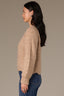 Oatmeal Long Blouson Cuff Sleeve Open Front Patch Pocket Open Work Round Collarless Neck Scallop Hem Sweater Cardigan