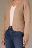 Oatmeal Long Blouson Cuff Sleeve Open Front Patch Pocket Open Work Round Collarless Neck Scallop Hem Sweater Cardigan