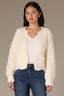 Off White Long Blouson Cuff Sleeve Open Front Patch Pocket Open Work Round Collarless Neck Scallop Hem Sweater Cardigan