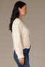 Off White Long Blouson Cuff Sleeve Open Front Patch Pocket Open Work Round Collarless Neck Scallop Hem Sweater Cardigan