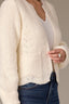 Off White Long Blouson Cuff Sleeve Open Front Patch Pocket Open Work Round Collarless Neck Scallop Hem Sweater Cardigan