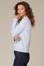 Heather Light Blue Loung Flounce Sleeve Cascade Ruffle Half Button Placket Pointelle Round Stand Collar Sweater Top