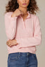 Heather Light Guava Loung Flounce Sleeve Cascade Ruffle Half Button Placket Pointelle Round Stand Collar Sweater Top