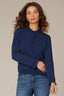 Navy Loung Flounce Sleeve Cascade Ruffle Half Button Placket Pointelle Round Stand Collar Sweater Top