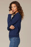 Navy Loung Flounce Sleeve Cascade Ruffle Half Button Placket Pointelle Round Stand Collar Sweater Top