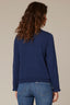 Navy Loung Flounce Sleeve Cascade Ruffle Half Button Placket Pointelle Round Stand Collar Sweater Top