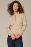 Oatmeal Loung Flounce Sleeve Cascade Ruffle Half Button Placket Pointelle Round Stand Collar Sweater Top